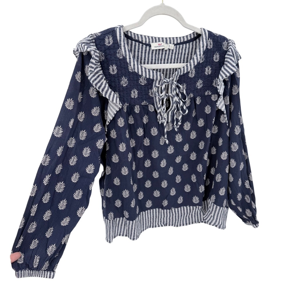 Vineyard Vines Navy Blue Leaf Print Ruffle Smocked Cotton Blouse Womens Large
